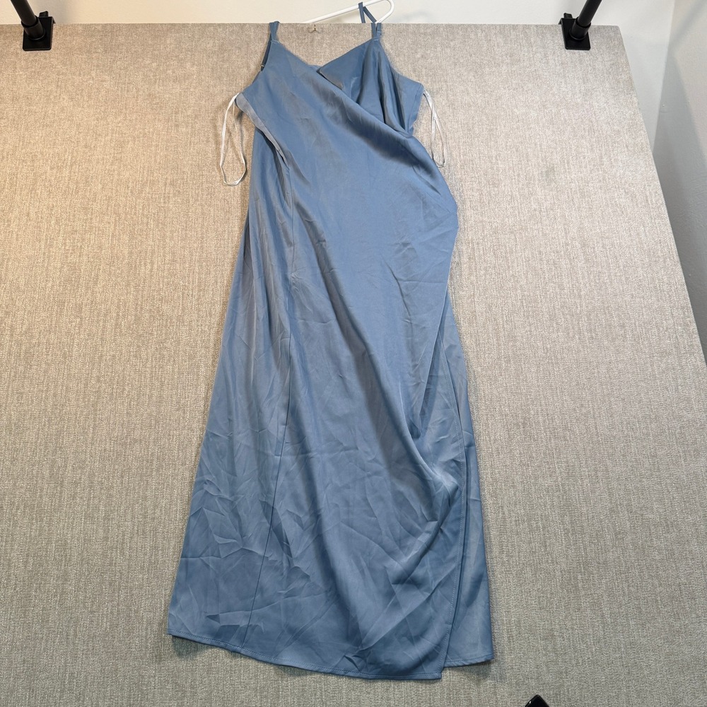 Lulus Slate Blue Satin Wrap Maxi Dress V-Neck Adjustable Straps Size Large